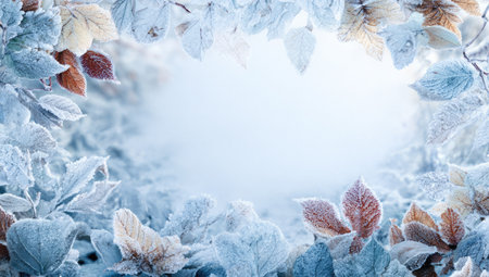 An artistic composition displays leaves covered in frost forming a border around a light blue space. The image presents a range of cool colors, with hints of brown and gold. It has a soft focus with diffuse lighting. This arrangement is suitable for various design, background and seasonal projects.の素材