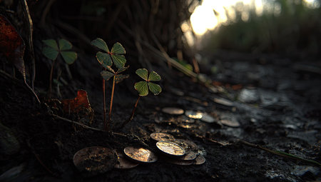 The image presents a close-up view of four-leaf clovers and several coins scattered around a tree root. The scene is illuminated by soft, natural light, creating a sense of depth and texture. This visual could be used for illustrations about luck or prosperity and other commercial projects.の素材