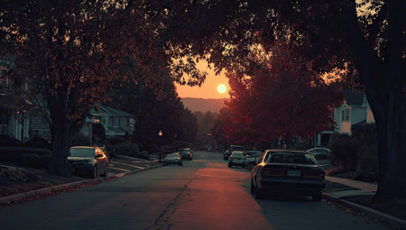 An urban street is depicted at sunset, with cars parked and driving. The image features a warm color palette with shades of orange and brown, complemented by dark tree silhouettes. The composition emphasizes depth, possibly usable for lifestyle, travel, or editorial projects.の素材