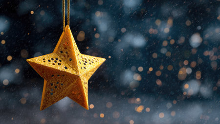 A close-up captures a golden star-shaped ornament suspended against a soft, out-of-focus backdrop. The star exhibits detailed cutouts and a warm, textured appearance. The composition uses shallow depth of field, with bokeh elements suggesting an evening scene. Suitable for holiday-themed content and visual storytelling.の素材