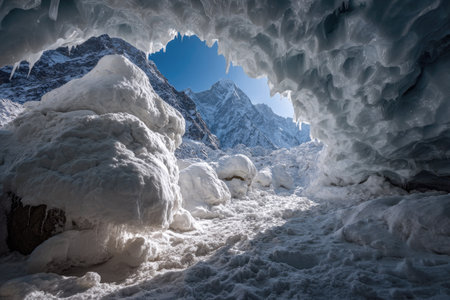 An ice cave entrance reveals a stunning mountain vista under a bright blue sky. The scene features textured snow and ice formations in shades of white and blue, with sunlight illuminating the landscape. Ideal for illustrating concepts of nature, travel, or environmental conservation, it has potential use in various editorial or commercial projects.の素材