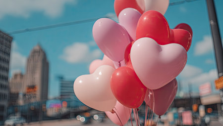 A cluster of heart-shaped balloons in shades of pink and red floats against a backdrop of a building and sky. The composition features a shallow depth of field, with soft focus on the background. This image is suitable for various uses, including promotional material or editorial content.の素材