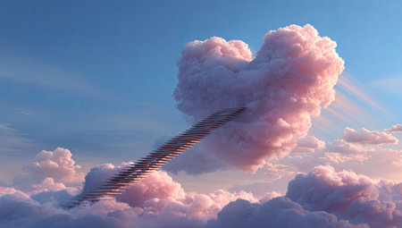 An image presents a heart-shaped cloud formation floating in a vibrant blue sky, with a staircase leading towards it. The composition is bright with soft colors and subtle lighting creating an ethereal atmosphere. This scene suggests dreamlike concepts, suitable for inspirational design projects and commercial purposes.の素材