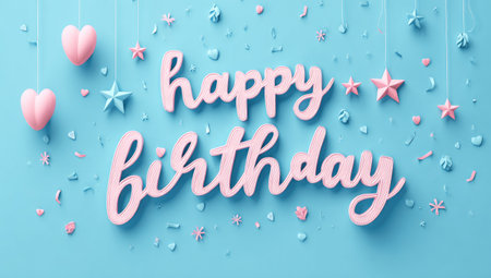 A whimsical design displays the words "Happy Birthday" in a cursive font, set against a light blue backdrop. The scene is adorned with floating stars, confetti and heart-shaped ornaments. The composition uses soft colors and a clean style, which is suitable for various celebratory uses.の素材