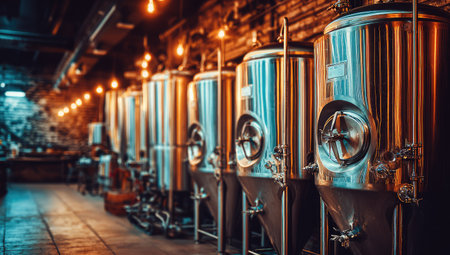 Rows of gleaming steel tanks dominate the interior, likely part of a brewery. Warm lighting casts shadows and highlights the metallic surfaces, creating a professional atmosphere. This image might be suitable for illustrating industrial processes, manufacturing, or commercial beverage production materials.の素材