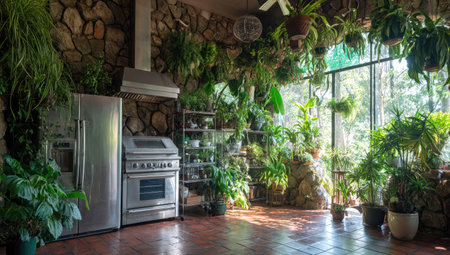 A kitchen interior showcases a blend of natural stone, greenery, and stainless steel appliances. Abundant plants hang and sit throughout the room. The scene is illuminated by natural light. This image could be suitable for lifestyle blogs, interior design publications, or commercial projects.の素材