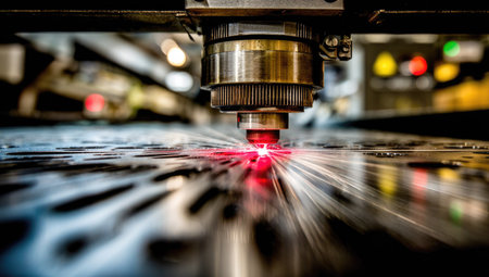 A close-up view depicts a laser cutting metal, showcasing bright red light and metallic textures. The composition highlights precision engineering, with shallow depth of field. The image suggests a production environment with potential uses in industrial or commercial applications, emphasizing technology and automation.の素材