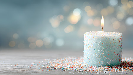 A close-up captures a burning candle, its soft glow illuminating a textured surface. The candle is placed against a softly blurred backdrop of blue and gold. The composition evokes tranquility. Suitable for various projects including design, decoration, and illustrating concepts like warmth and peace.の素材