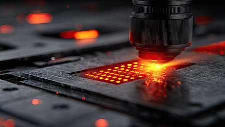 An industrial laser precisely cuts a metal plate, emitting bright orange light. The close-up shot reveals the intricate process, with focus on the precision of the laser. The metallic surface reflects the light, creating a dynamic composition suitable for illustrating technology and industrial applications.の素材