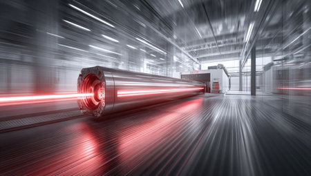A close-up captures industrial machinery emitting a red laser beam. The image showcases metallic surfaces, and motion blur, conveying speed and technical processes. The setting appears to be a large manufacturing facility illuminated with overhead lighting. Suitable for illustrating innovation, technology, or industrial contexts.の素材