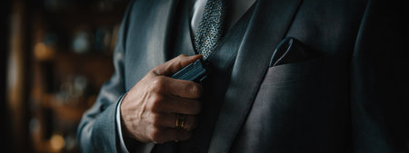 A man in a formal suit is shown adjusting a pocket square in this close-up image. The scene features a dark, muted color palette, emphasizing the texture of the fabric. The composition focuses on the hands and upper body. The image is suitable for business, fashion, or editorial use.の素材