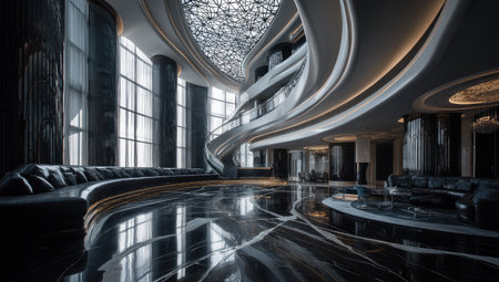 This image showcases a modern interior with curved architectural elements and polished marble flooring. The scene features large windows, pillars, and artistic lighting, creating a luxurious atmosphere. The composition emphasizes spaciousness and sophisticated design, potentially suitable for advertising, editorials, or commercial projects.の素材