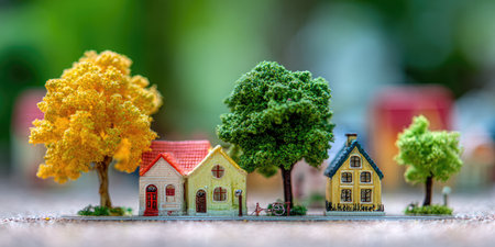 This image showcases a vibrant arrangement of miniature houses and trees. The scene is characterized by a blurred green background, accentuating the details of the model houses and textured trees. Suitable for illustrating real estate, environmental themes, or design concepts in various commercial contexts.の素材