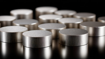 Numerous silver cylinders are arranged on a dark surface, exhibiting a polished sheen. The objects, lit to create highlights and shadows, reflect light, suggesting a studio setting. This abstract composition could be used for conceptual projects, industrial designs, or visual marketing materials needing a modern look.の素材