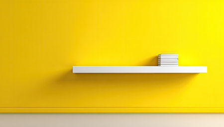 A white shelf is mounted on a vibrant yellow wall, with a small decorative element. The composition utilizes clean lines and contrasts bright colors with neutral tones, suggesting a contemporary interior. This image is suitable for various commercial applications, including home decor, design projects, and advertising materials.の素材
