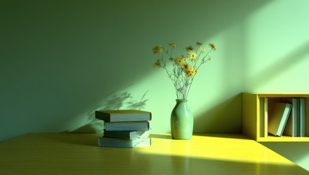 A still life presents books, a vase of flowers, and a wall. The composition is bathed in natural light, creating strong shadows. The color palette features yellow, green, and neutral tones. This image could be used for educational, home decor, or conceptual projects.の素材