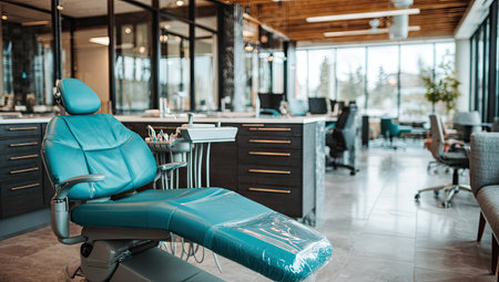An interior shot showcases a dental office with a teal chair and attached equipment. The setting features modern design elements, including large windows and a spacious workspace. The image conveys a professional environment, suitable for medical, healthcare, or commercial projects.の素材