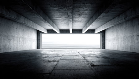 An interior architectural image shows a modern concrete structure. The expansive space features a rectangular doorway that emits bright daylight. The scene highlights the minimalist design with smooth surfaces and monochromatic tones. Suitable for presentations, advertising, or conceptual projects.の素材