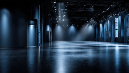 An interior shot reveals a large, open space illuminated by focused spotlights and ambient lighting. The room's surfaces reflect light, emphasizing the polished floor and vertical lines. The color palette is dominated by dark blue and black tones. This visual is suitable for architectural mockups, product showcases, or presentations.の素材