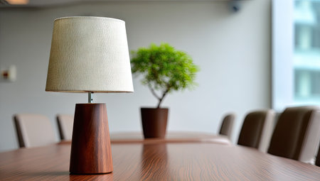 A wooden table lamp with a white lampshade stands on a polished table, alongside a small potted plant. The composition employs soft focus and natural lighting, with a shallow depth of field. This indoor scene shows a conference room, suitable for commercial projects, presentations, and background use.の素材