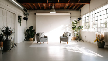 A spacious studio interior features a white backdrop and two armchairs, creating a setup for photography or video. The scene is illuminated by natural light streaming through large windows. The style is contemporary, with plants adding greenery, suitable for various creative projects.の素材