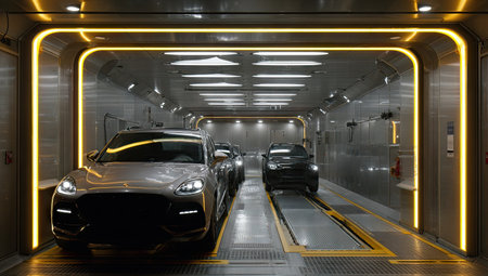 Several cars are positioned inside a tunnel with an illuminated frame. The image showcases a modern style, with the cars displaying sleek designs. The scene is illuminated by the artificial lights and features color and texture. Suitable for various commercial and editorial applications involving transportation and technology.の素材