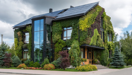 A contemporary two-story house is showcased, its facade completely covered in vibrant green foliage. The building features large windows and a glass-enclosed section, reflecting the partly cloudy sky. The photograph, taken outdoors in daylight, could be used for architectural or environmental design themes.の素材