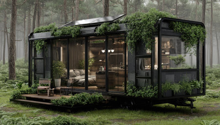 A contemporary tiny home, nestled within a lush forest setting. The structure features expansive glass windows and walls, inviting natural light. Abundant greenery drapes over the roof and sides. This image is suitable for use in design, architecture, or lifestyle publications and commercial projects.の素材