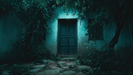 A teal-toned photograph depicts a weathered structure centered around a closed door. The scene is enveloped by lush green foliage that adds a layer of depth. The image has a moody atmosphere created by the contrast of light and shadow, with potential uses for visual storytelling, thematic projects, and editorial illustrations.の素材