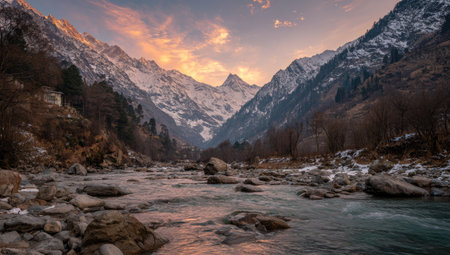 A scenic view captures a river winding through a valley, flanked by towering mountains. The sky displays hues of orange and pink as the sun sets, casting a warm glow. The image shows a natural landscape with rocky terrain. This could be useful for travel or environmental themes.の素材
