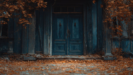 An aged wooden structure features a blue double door as the focal point. Autumnal foliage frames the entrance, with fallen leaves covering the ground. The image displays a moody, shadowed aesthetic, enhanced by warm, earthy tones. Suitable for various visual communication projects, offering a sense of history and atmosphere.の素材