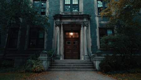 An aged building is showcased, centered on its entrance framed by pillars and steps. The visual elements show a stone facade with a dark-toned color palette. The composition uses symmetry with overhead lighting creating a mood. It can be used for various projects.の素材