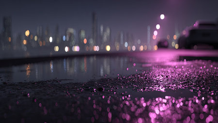 This image presents a nighttime scene with a wet street reflecting city lights. The composition highlights the texture of the asphalt and the interplay of light and shadow. The bokeh effect from the distant lights creates a soft, diffused ambiance. Suitable for editorial and commercial applications related to urban environments.の素材