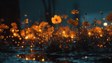 The image features vibrant orange flowers against a dark backdrop with numerous bokeh lights. The composition highlights a low-angle perspective, emphasizing the flowers. The scene is bathed in a soft, diffused glow suggestive of night time. It is suitable for diverse creative applications, including design or advertising campaigns.の素材