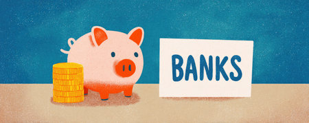 An illustrated piggy bank is featured alongside a stack of gold coins and the word "BANKS" on a white surface. The image showcases a cartoon style with vibrant colors and a clean aesthetic. This graphic may be suitable for financial education or savings promotions, and could be utilized in commercial contexts.の素材