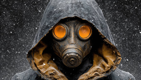 A person is featured in a close-up portrait, wearing a gas mask with orange lenses and a hooded coat. The image displays a somber mood, characterized by cool tones and soft lighting. The background indicates a snowy outdoor setting, possibly suggesting a survival or post-apocalyptic context, suitable for various editorial and commercial applications.の素材