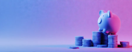 A piggy bank sits atop stacks of coins, illuminated by a vivid gradient of blue and pink light. The composition highlights a visual representation of savings and wealth accumulation. This image could be used for financial articles, advertisements, and educational resources.の素材