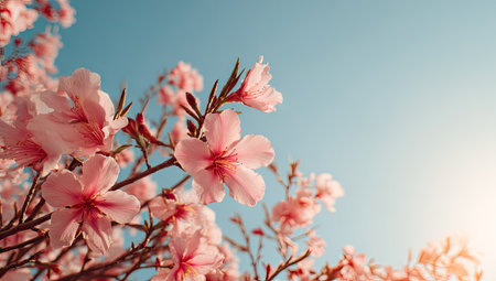 Close-up view of vibrant pink blossoms against a bright blue sky. The composition showcases delicate petals, branches, and leaves with soft focus. Sunlight provides a warm, inviting glow, suggesting a natural outdoor setting suitable for various commercial and editorial applications.の素材