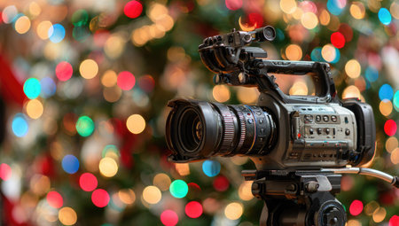A close-up view presents a video camera mounted on a tripod, capturing a shallow depth of field. The background showcases a vibrant array of blurred lights, suggesting a celebratory or seasonal setting. This composition, with its professional equipment, offers visual appeal suitable for media, broadcasting, or promotional projects.の素材
