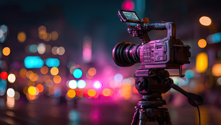 A professional video camera mounted on a tripod stands in the foreground, with soft city lights blurred in the backdrop. The equipment exhibits a modern design with lenses and a screen, illuminated by artificial lighting. This image could be used for various media or promotional needs, or related concepts.の素材