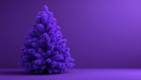 A fluffy purple Christmas tree is the main subject against a gradient background. The image presents a soft, textured appearance, showcasing rich violet hues. The composition is simple, with the tree centered, possibly indicating a studio setting. It's suitable for various design applications.の素材