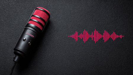 A close-up view presents a black microphone with red accents set against a dark surface. To the right, a graphic displays a sound wave. The composition uses overhead lighting. This image could be used for promoting recording equipment or illustrating audio-related topics.の素材