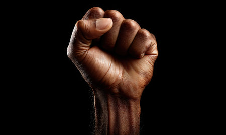 A close-up image presents a clenched fist raised upward against a stark black backdrop. The hand, with brown skin, is illuminated. The image's composition highlights the textures of the skin. This striking visual could serve editorial purposes or be useful in design projects with themes of power and unity.の素材