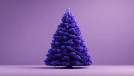 A single, stylized Christmas tree stands prominently against a uniform purple backdrop. The tree presents a soft, fluffy texture, appearing almost like fur. The lighting suggests a studio environment, emphasizing the tree's form and color. This image could serve various purposes including seasonal promotions or festive design projects.の素材