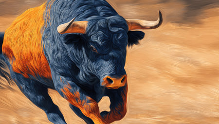 A close-up view depicts a bull, exhibiting a blend of orange and navy blue hues, running forward. The image showcases a sense of movement with a warm, desaturated background. Suitable for various projects, it can be used for design purposes or illustrations, offering versatility for many editorial contexts.の素材
