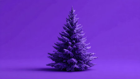 A single, purple Christmas tree is centered against a matching gradient background. The image showcases the tree's detailed texture with soft shadows. The overall style is clean and modern, suggesting its use for holiday-themed visual content and promotional materials. The monochromatic color scheme adds a distinctive look.の素材