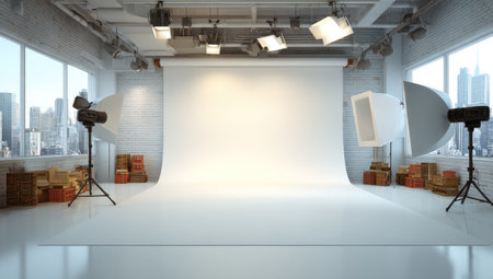 This image showcases a modern photography studio, featuring a seamless white backdrop and professional lighting equipment. The scene is brightly lit, with softboxes and spotlights strategically placed. Boxes and equipment are staged. It is suited for various commercial applications, including advertising and editorial use, providing a clean and versatile environment.の素材