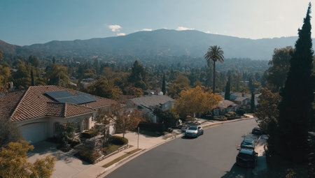 An aerial perspective showcases a residential neighborhood. Homes with tiled roofs and solar panels are nestled among lush green trees, with a road winding through the community. The composition is bright with natural sunlight, and the backdrop includes a distant mountain range. Suitable for illustrating suburban living or environmental themes.の素材