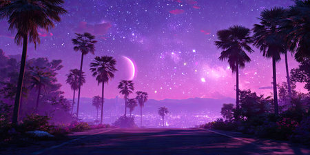 A scenic view shows a road winding through palm trees under a stunning purple and pink night sky. The image features a bright crescent moon and twinkling stars. The artistic style and color palette suggest potential use in various creative projects, including editorial design and promotional content.の素材
