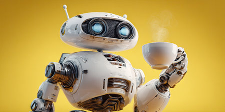 A white robot is holding a cup with steam rising against a vibrant yellow background. The image showcases a futuristic theme with detailed mechanical elements. The composition features soft lighting and a focus on the robot and the cup. This image could be used for various commercial or editorial projects.の素材